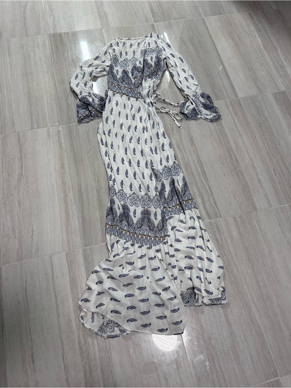 White & Navy Maxi Wrap Flutter Sleeves